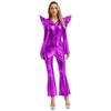 S-3XL Women‘s Disco Jumpsuit Halloween Costume: Shiny Metallic Long Sleeve High Waist Romper with Bell Bottoms & Front Zip