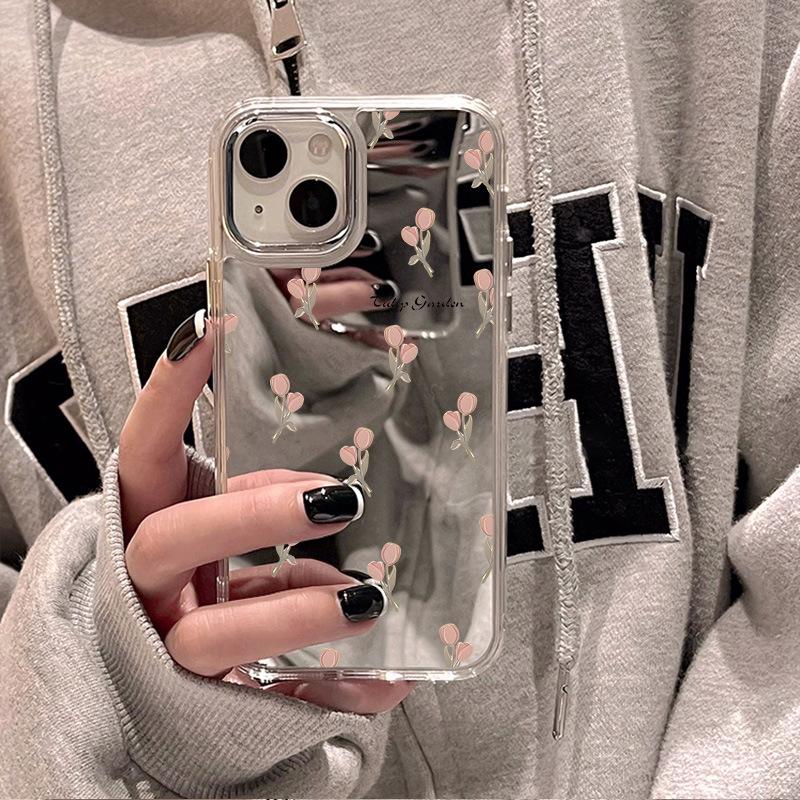 Applicable iPhone17ProMax pink tulip mirror phone case 16 Apple 13/14 large hole 15 niche x