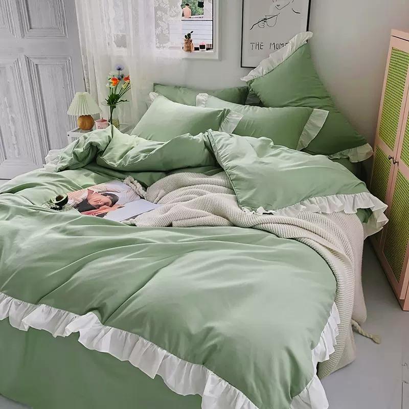 

Ins Princess Style Bedding Set For Woman Cute Girl Solid Color Ruffles Duvet Cover Queen King Bed Sheet Bed Skirt Pillow Covers Skirt Bed Sheet&Single Cover 150x200 зелений