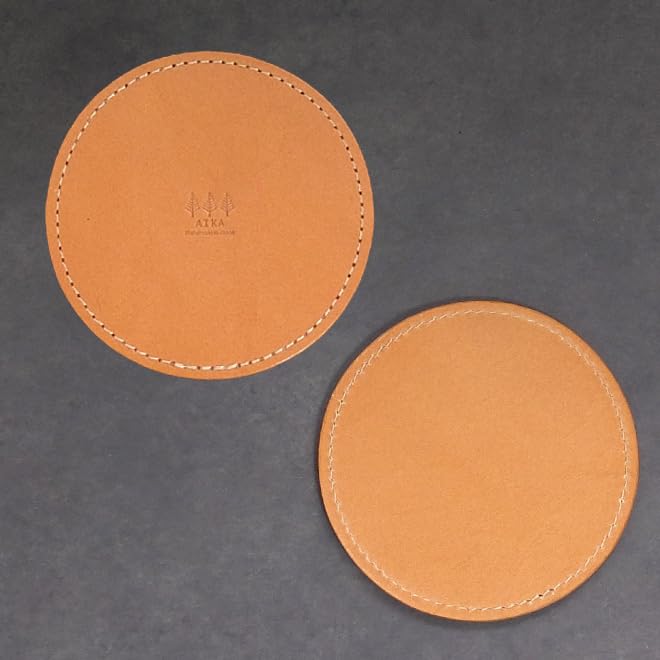 AIKA Genuine Leather Tochigi Made In Japan Coaster, Round, Leather, (Biscuit)