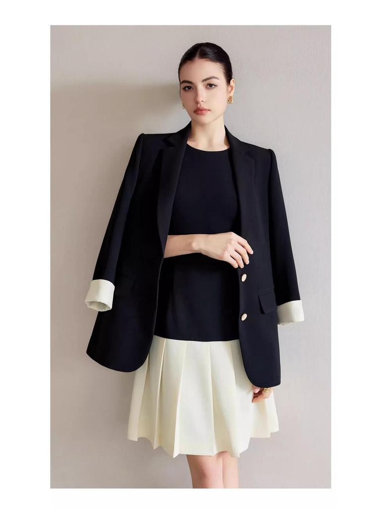 Korean Style Black & White Colorblock Pleated Dress - Women’s Fashionable Casual Spring/Summer Two-Piece Set