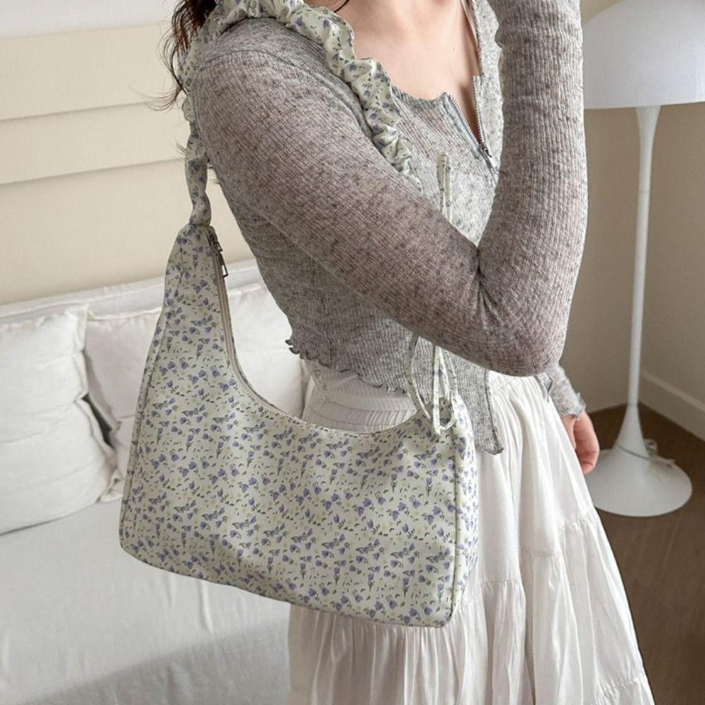 

Сумка большой емкости с лентой и цветочным принтом, плиссированная сумка на одно плечо в корейском стиле, сумка для подмышек с бантом, унисекс розовый