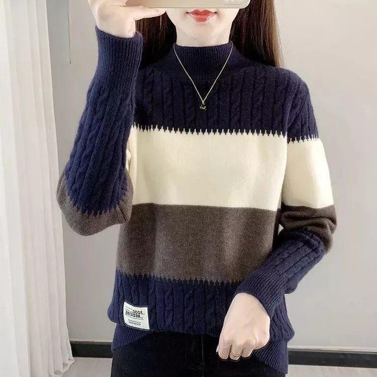 

Трикотаж с полувысоким воротом для женщин, свободный, утолщенный, с цветовыми блоками, осенне-зимний повседневный топ-пуловер, зимний вязаный свитер 2XL темно-синий