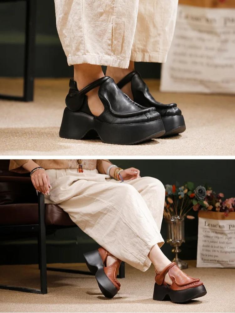 Johnature Retro Genuine Leather Thick Soled Shoes Round Toe Thick High-heeled Comfortable Platform Sandals