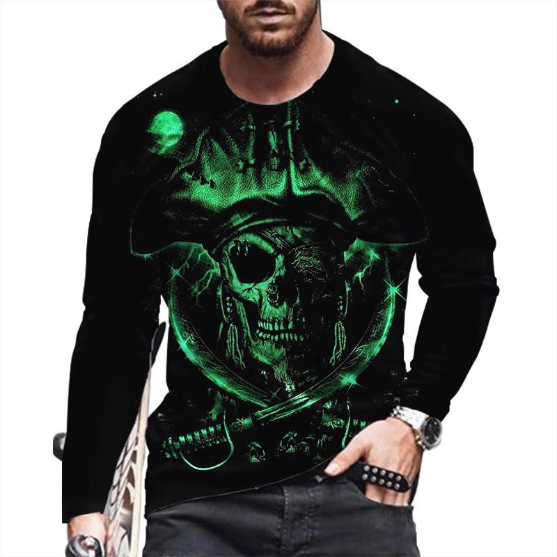Spring and Autumn Round Neck Skull 3D Printed Top Fashionable Casual Long Sleeved Men's T-shirts