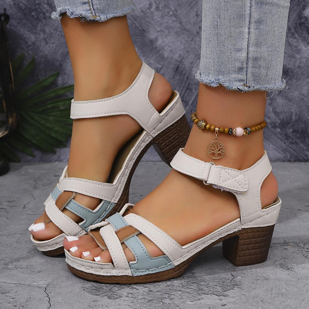 2025 foreign trade new summer women's wedge sandals large size one-word color blocking thick heel fish mouth wedge sandals