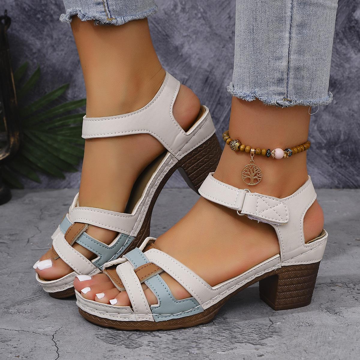 

2025 foreign trade new summer women s wedge sandals large size one-word color blocking thick heel fish mouth wedge sandals 42