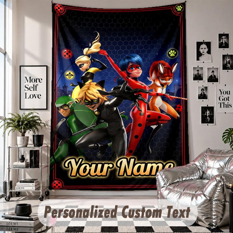 Wandtapijt met Gepersonaliseerde Naam & Tekst, Miraculous Ladybug Decoratief Tapijt Voor Slaapkamer