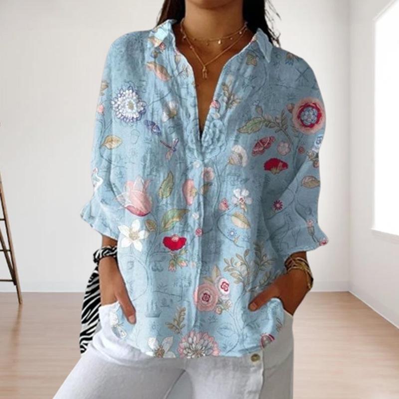 Women's Winter Fashion Light Blue Floral Long-Sleeve Top