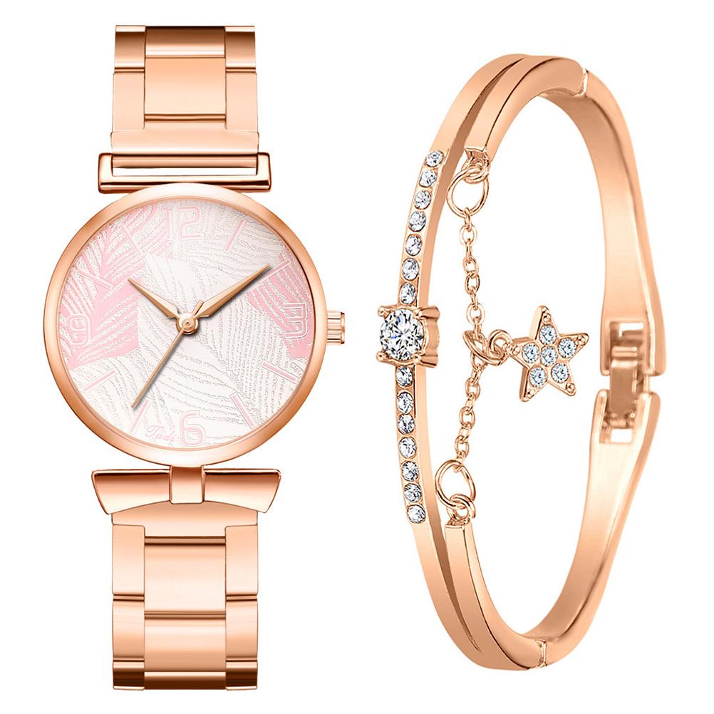 Fashionable Women Watches Bracelet Box Set Leaf Dial Clock Women Wrist Watches Star Bracelet