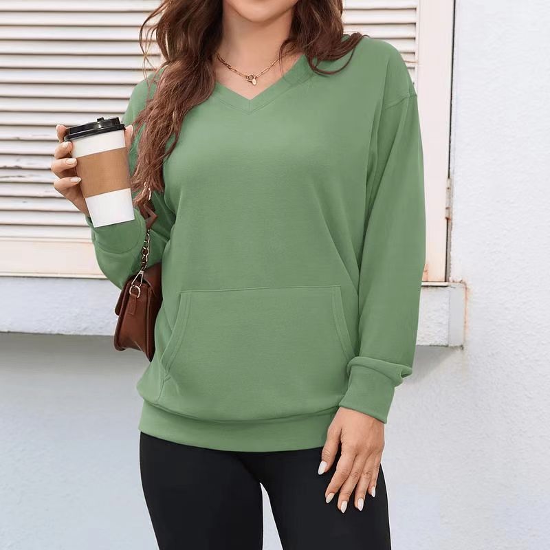 Women's V-Neck Hooded Sweatshirt with Front Pocket, Casual Pullover