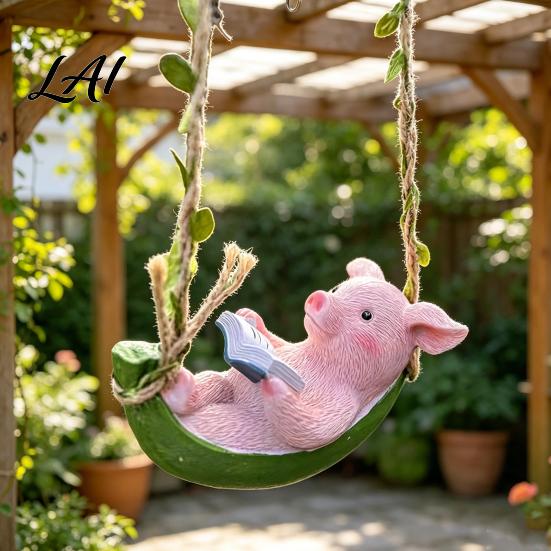 Resin Pig Sculpture Hanging Figurine Cute Piggy Lying In Hammock Reading Sun-resistant Decor Book Ornament Waterproof Animal for Indoor Outdoor