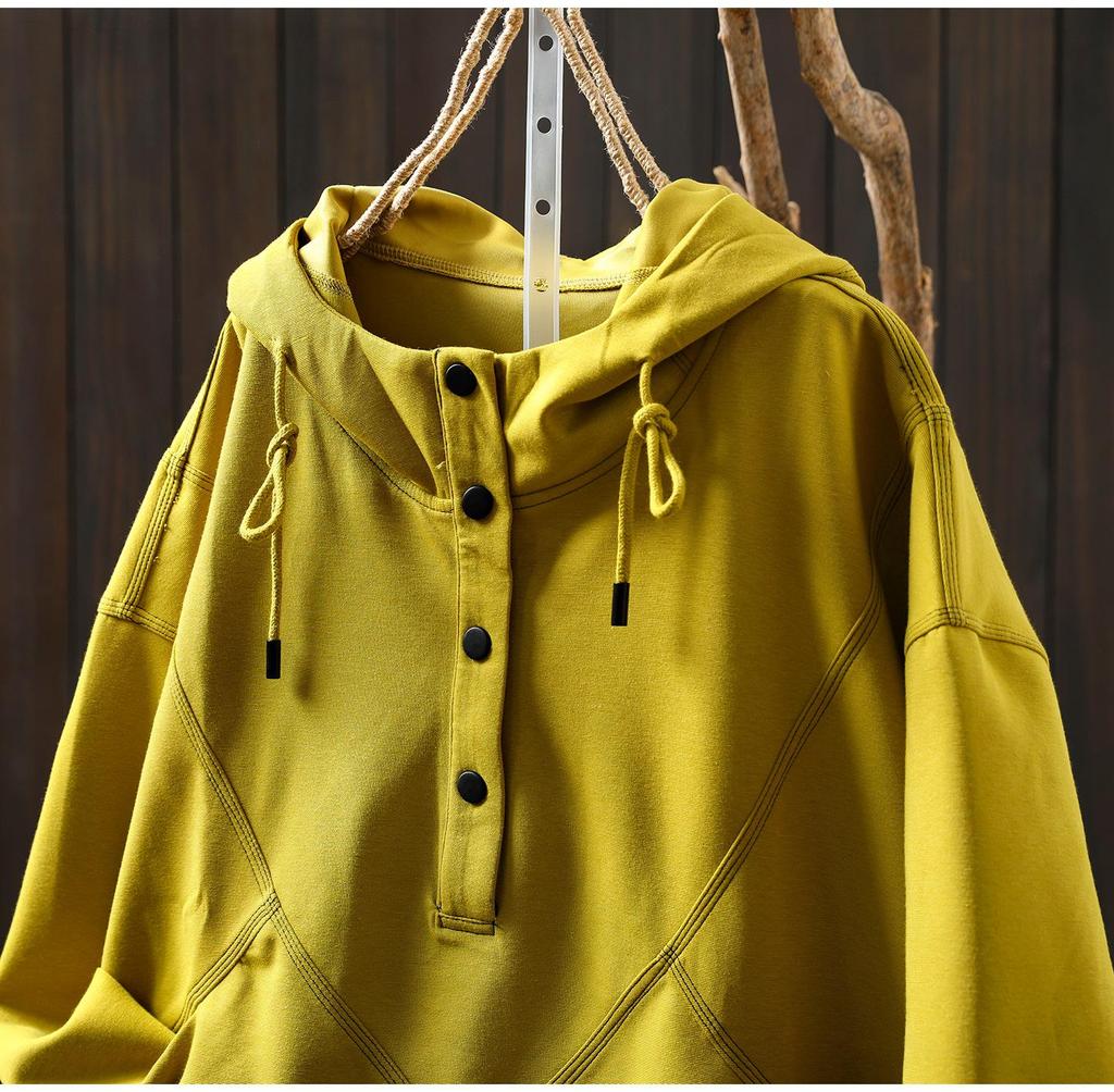 Düğmeli, İpli, Kontrast Dikişli ve Bol Uzun Kollu Kadın Retro Şık Kapüşonlu Sweatshirt