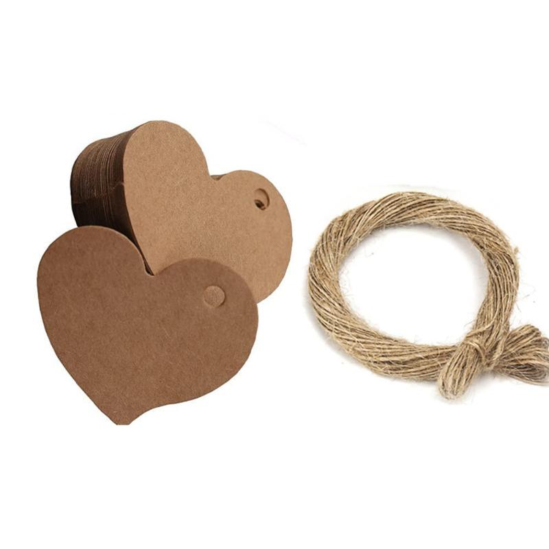 

гаряче! 100 шт. Крафт-бірки у формі кохання Універсальні пусті бірки своїми руками з 10-метровим джутовим шпагатом для весілля, дня народження cowhide