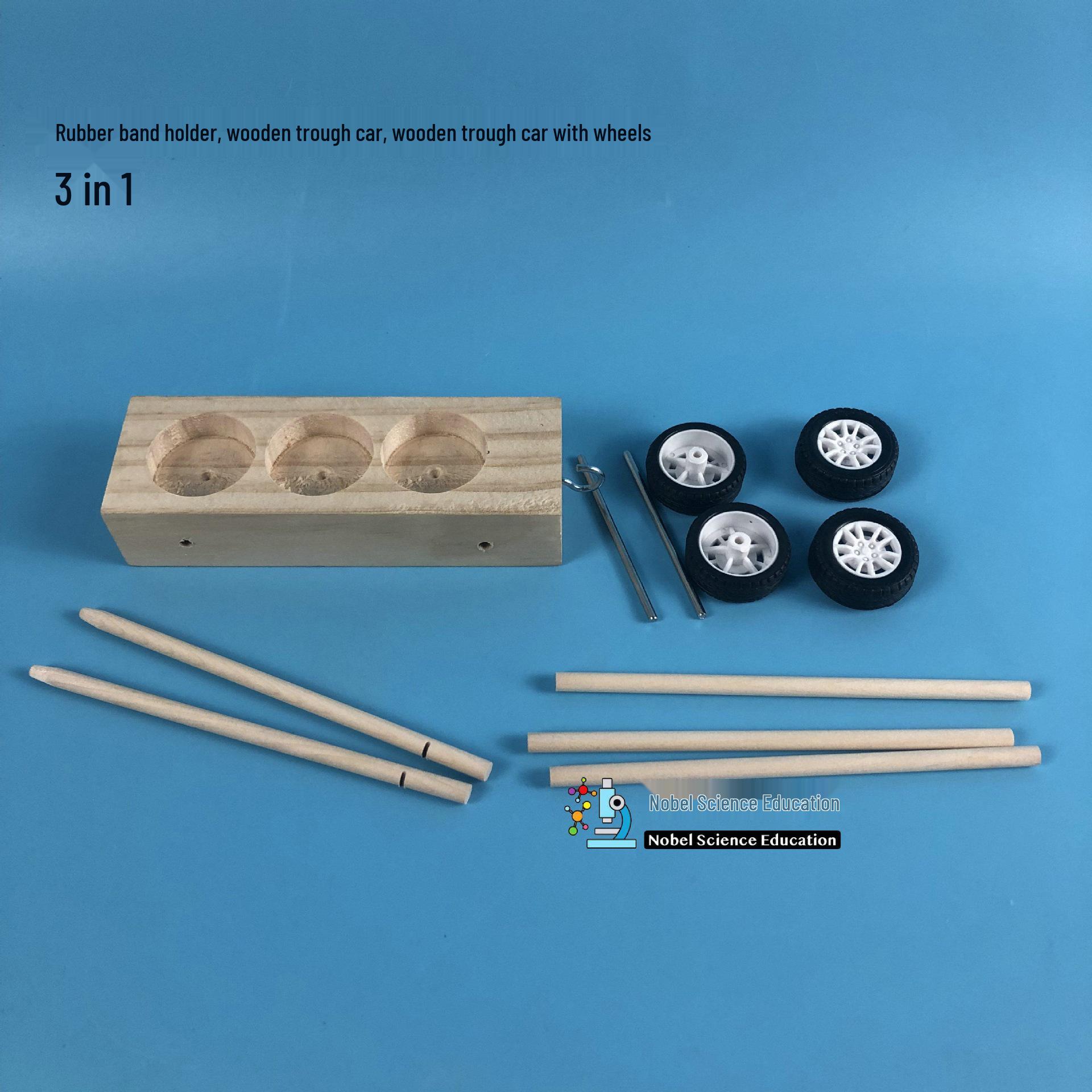 

3-in-1 Wooden Rubber Band Car: Sound, Movement & Force Experiment Equipment with Wheels