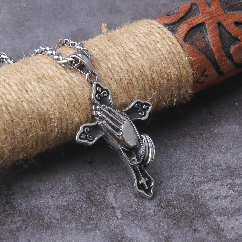 Gothic Punk Cross Pendant Necklace Large Detailed Drill Jewel Pray Hand Tone Fashion Charm Statement Women Gift
