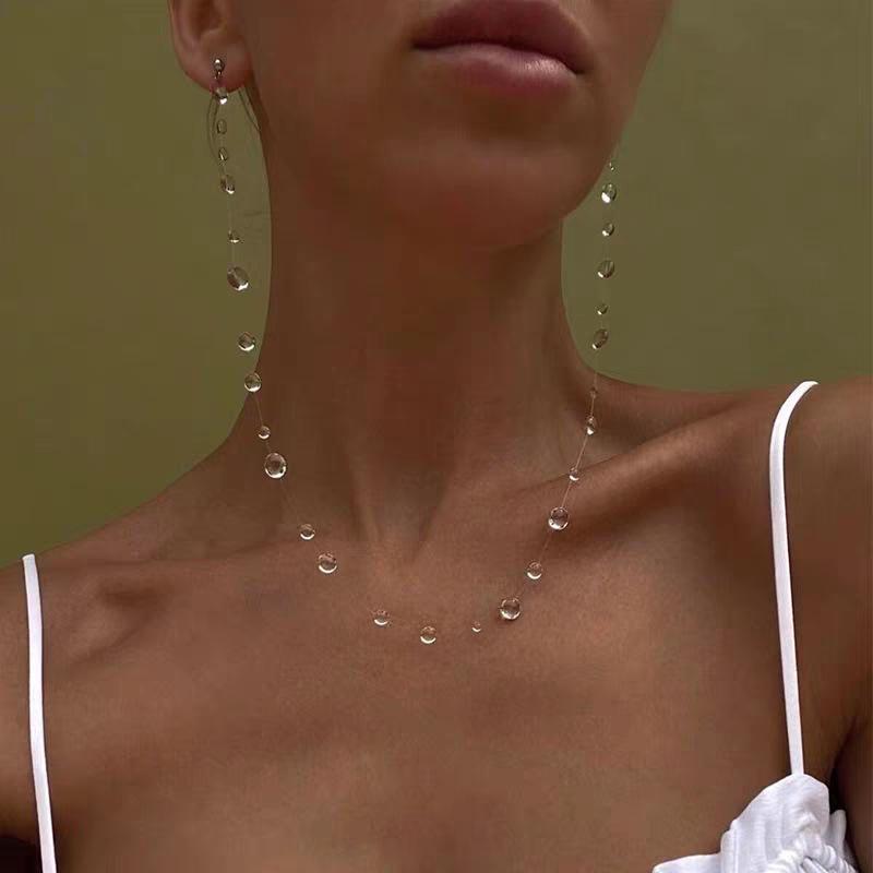 Exquisite Bead Clavicle Chain Women Chic Hand Chain Early Morning Dewdrop Earrings Vintage Tassel Ice Clear Glass Bracelet