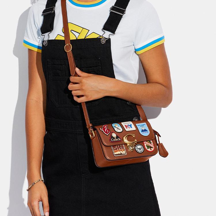 New COACH Studio Tanned Leather Small Square Bag, Crossbody Bag Trumpets Women's Saddle C8078-B4L4A