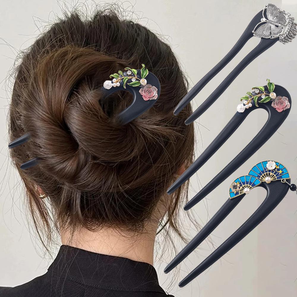 Wood Flowers U Shaped Hair Fork Wooden Hairpin Butterfly Hair Sticks Chinese Women Hairstyling Hair Accessories Headwear