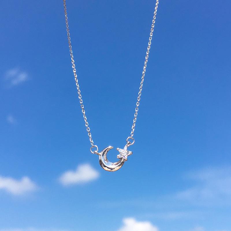 

Fashionable Star And Moon Sweet Crystal 925 Sterling Silver Jewelry Personalized Temperament Necklaces XL008 серебряный