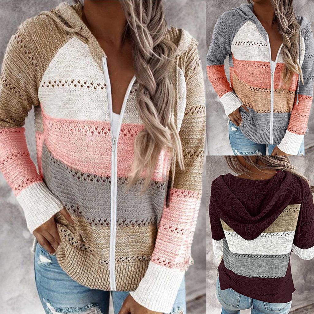 Fashion Women Casual Patchwork Long Sleeves Hooded Sweater Cardigan Blouse Tops