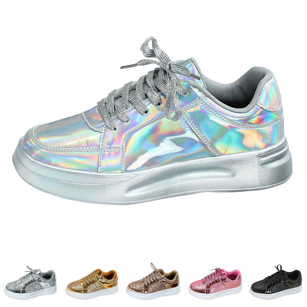 Women Casual Shoes Fashion Breathable Walking Sneakers Couples Fashion Thick Soled Sequins Lace Up Heightening Casual Tenis