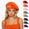Solid Color Bow Beret Pearl Beanie Cap Streetwear Wool Beret  Street Photography