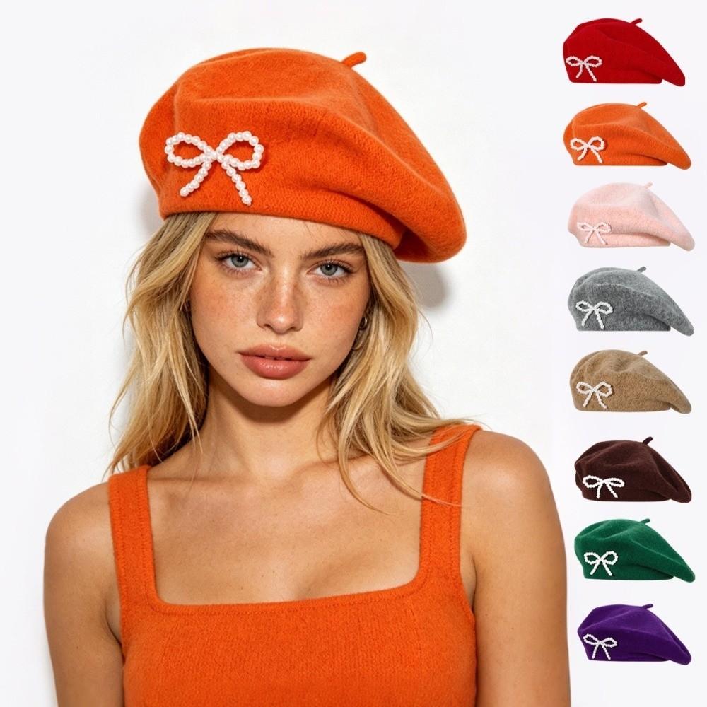 Solid Color Bow Beret Pearl Beanie Cap Streetwear Wool Beret Street Photography