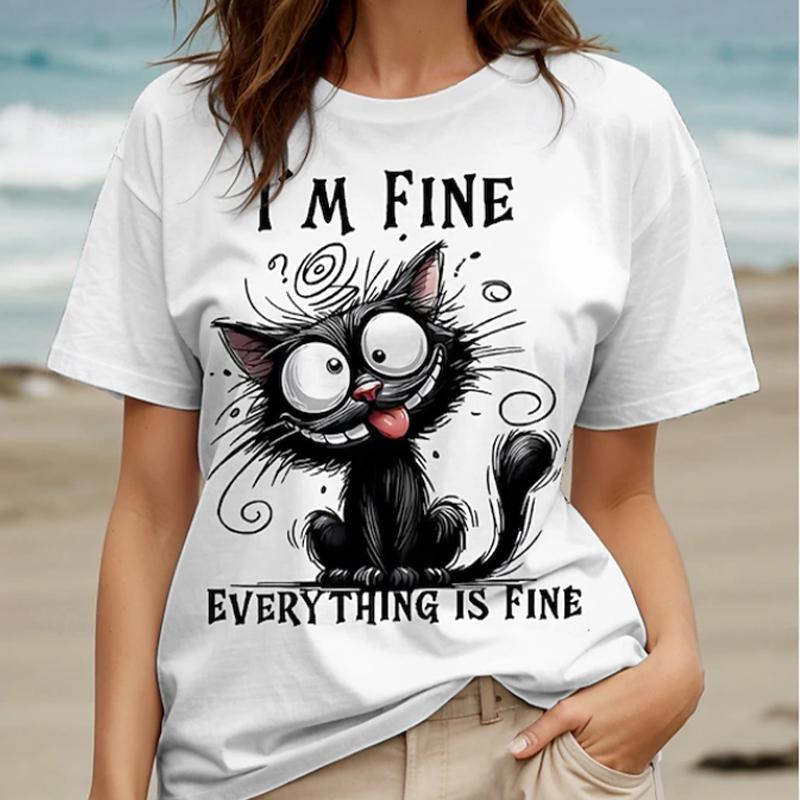 

Женская летняя футболка Ретро мода Футболки с коротким рукавом Повседневные топы с принтом котенка 8XL белый