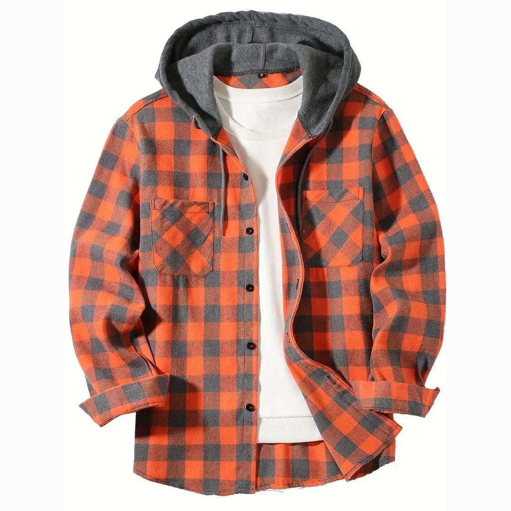 Men's Spring and Autumn Plaid Hooded Shirt