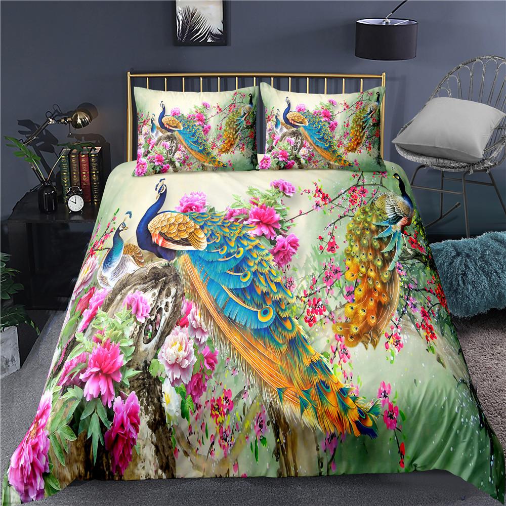 Comforter Peacock Plum Blossom Decor Bedding Set King Size Crane Peacock Feather Floral Pattern Romantic