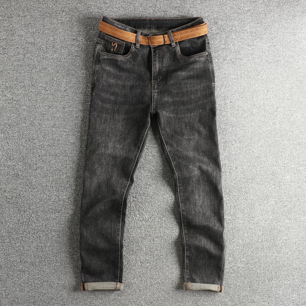 Men's Dark Grey Slim Straight Distressed Jeans with Belt