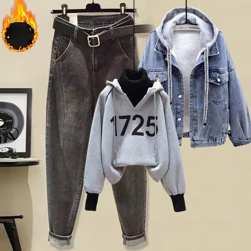 Three-Piece Women's Winter Suit: Fur Collar Lamb Wool Velvet-Added Thick Denim Jacket, Jeans and Fashion Sweater