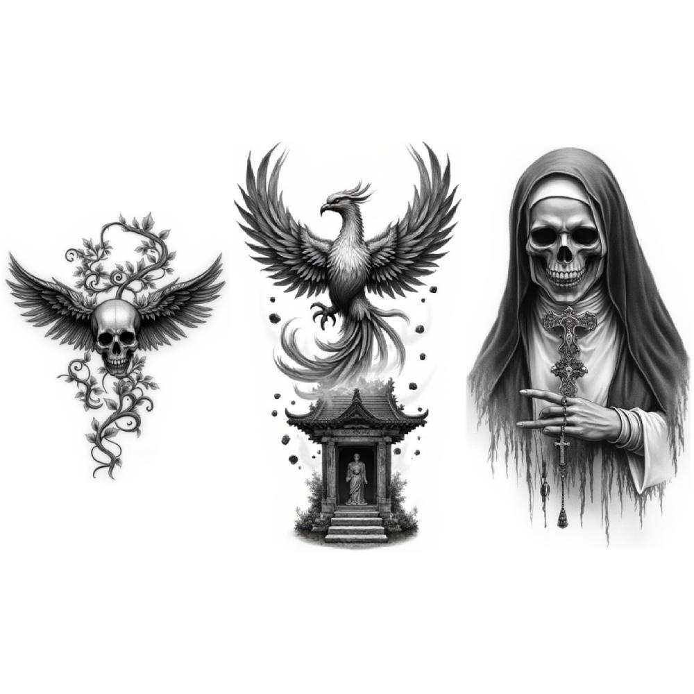 3pcs Temporary Tattoo Waterproof Long-lasting Body Stickers Knight With Castle Skull With Nun Axe With Skull For Thighs