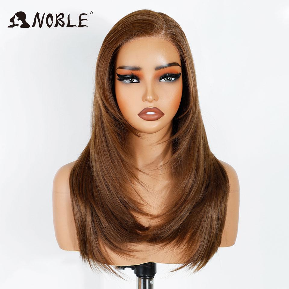 Noble Synthetic Lace Wigs For Women 18 Inch Straight Layered Lace Wig Side Part Pre Plucked Ombre Brown Blonde Cosplay Wigs