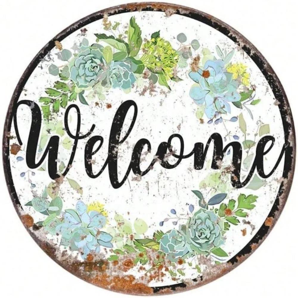 Vintage Metal Welcome Sign Floral Wreath Wall Decor Plaque Aluminum Home Garage Art 8x8 Inch