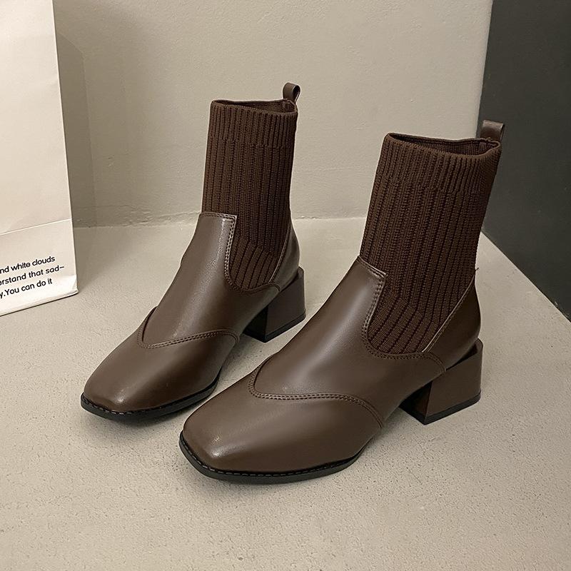 French Autumn and Winter Knitted Tube Thick Heel Short Boots Women's Medium Heel Thin Boots Brown Bare Boots Martin Boots Elastic Socks Boots