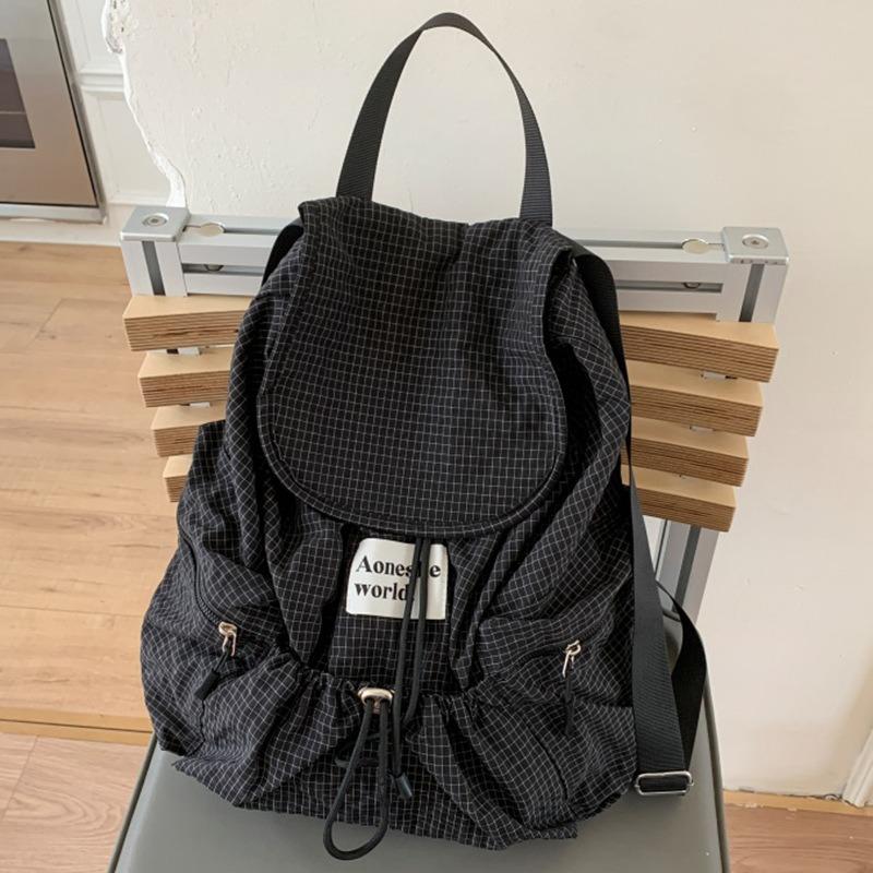 Lightweight Nylon Plaid Backpack, New Large-capacity Lazy Style Versatile Drawstring Tote Bag