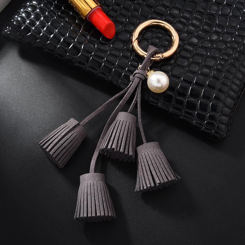 Korean Velvet Tassel Keychain Leather Tassel Pearl Pendant Car Ornaments Female Key Chain Plush Bag Pendant