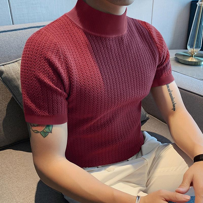 Men Casual Tshirts Summer Men Knitted Pullover Top Half Neck Polo Shirt Male Turtle Neck Solid Color Tops Tees