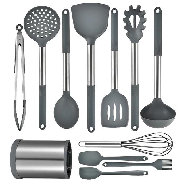 12Pcs Silicone Kitchenware Set Non Stick Stainless Steel Spatula Soup Spoon Kitchen Utensils Rotating Storage Bucket Eggbeater