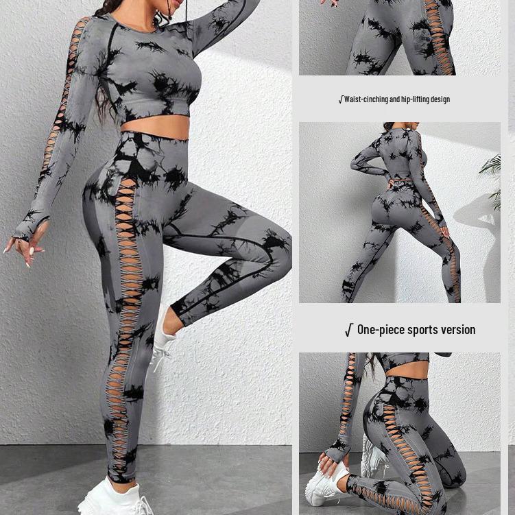 European American Tie-Dye Butt-Lift Yoga Set: Long Sleeve, Seamless Fitness Clothing with Hollow Out Design
