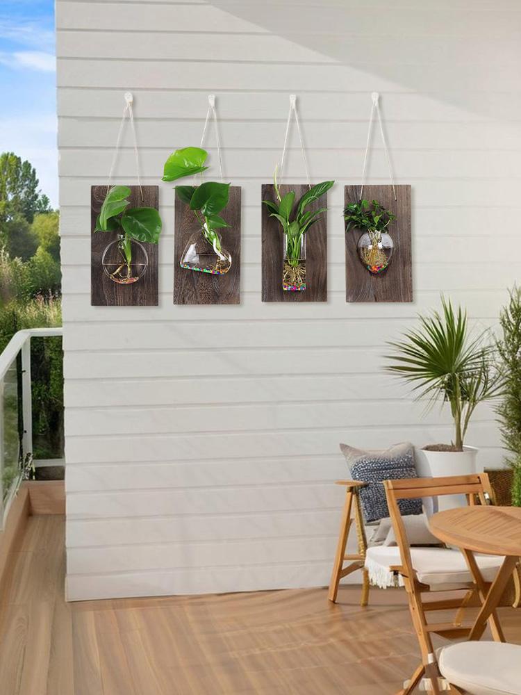 2pcs Wall Hanging Glass Vases with Wood Board Real Wood Decor for Hydroponic Plants