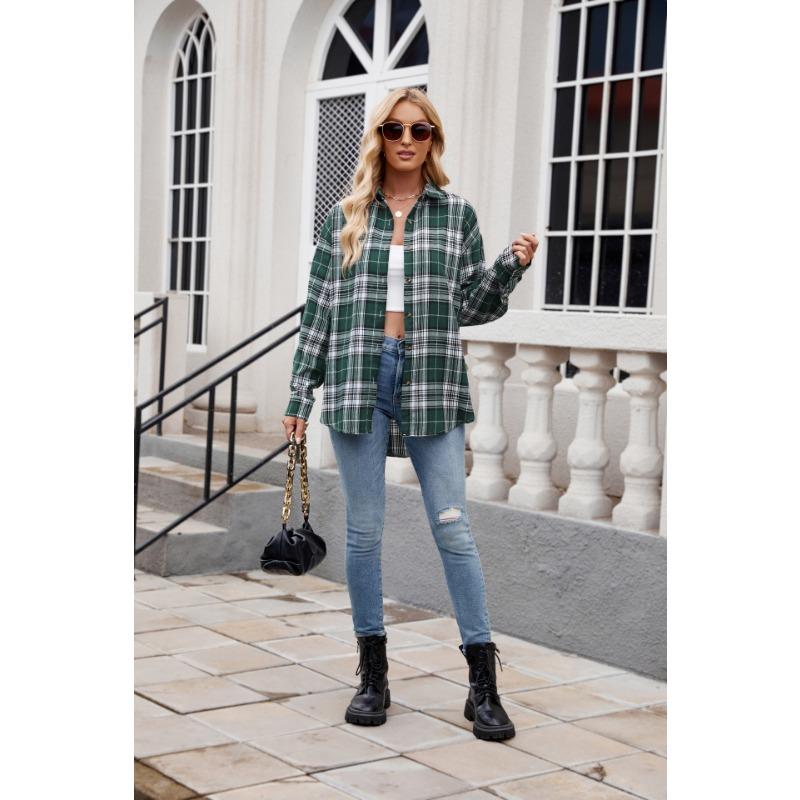 Spring and Autumn Women's Casual Fashion Street Loose Plaid Long Sleeve Shirt