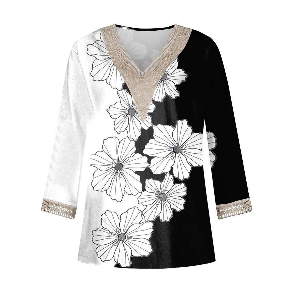Women's Shirt Blouse Casual Loose Shirts 3/4 Sleeve Lace Trims Print V Neck Tops Print Tops T-shirts