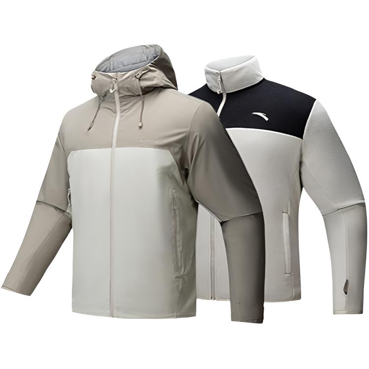 Anta Mens Outdoor Series 3-In-1 Hiking Hooded Zip-Up Long Sleeve Waterproof Windproof Breathable Durable Jacket Men Jackets 952447612-1