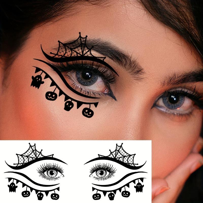 10PCS Halloween Eyes Temporary Tattoo Sticker,Black Spider Web Pumpkin Ghost Black Cat Witch Bat Spider Pattern, Facial Eye Makeup Fake Tattoo Sticker