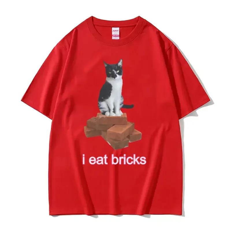 Men Fashion Clothing T-shirt O-Neck Sleeve T Shirts I Eat Bricks Cute Cat Funny Meme Graphic T-Shirt Summer Aesthetic Clothes