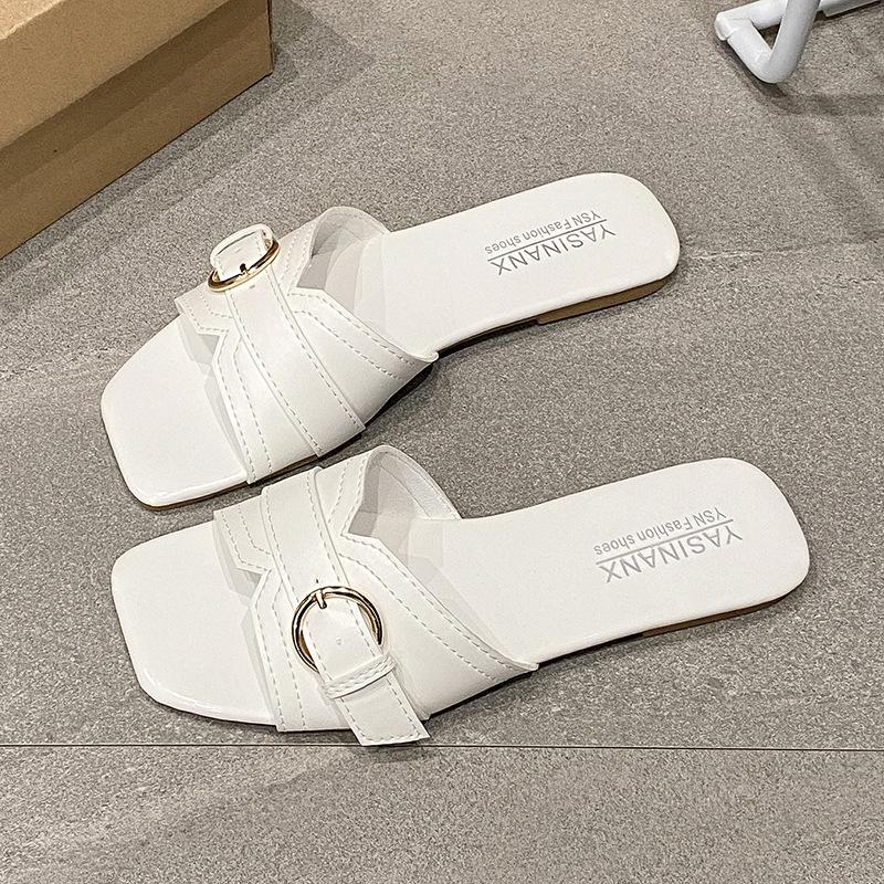 2025 summer slippers women's outer wear niche diagonal cut square head bright line belt buckle flat bottom cool slippers versatile