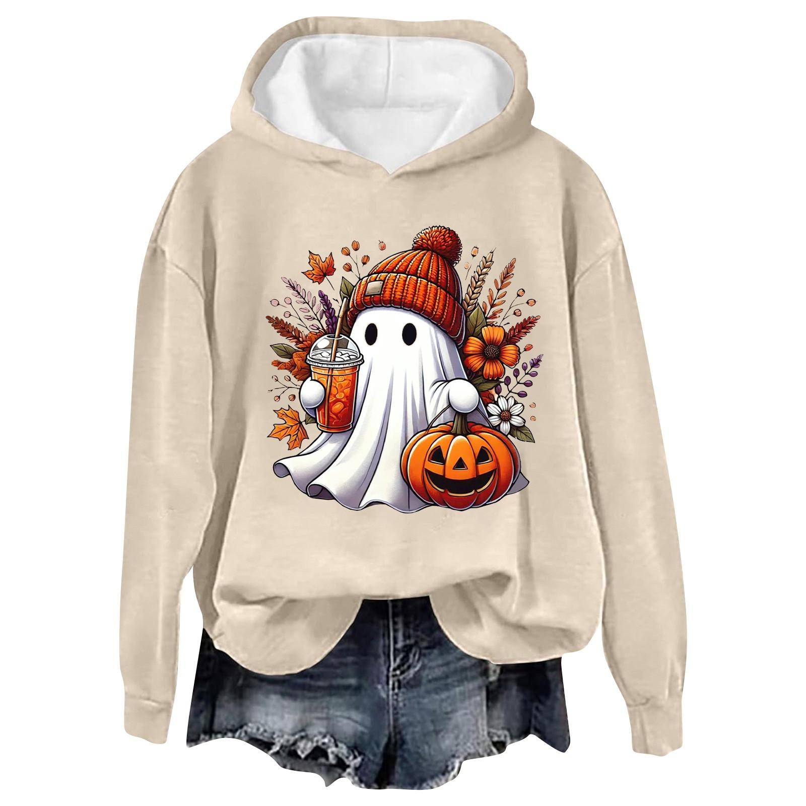 

Женская модная повседневная толстовка с капюшоном и длинными рукавами с принтом букв на Хэллоуин S бежевый